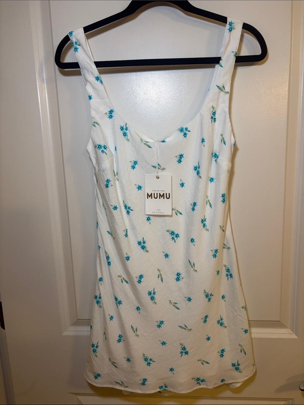 Show Me Your MuMu White Mini Dress with Teal Floral Print Slip Dress Size Small